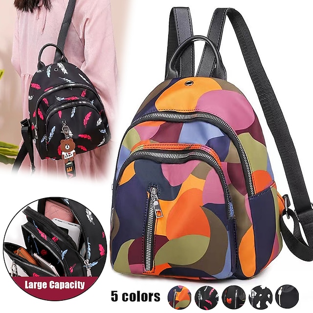  Women's Backpack School Bag Bookbag Mini Backpack Commuter Backpack School Daily Geometric Pattern Floral Print Oxford Cloth Large Capacity Lightweight Durable Zipper feather Color circle Cow pattern