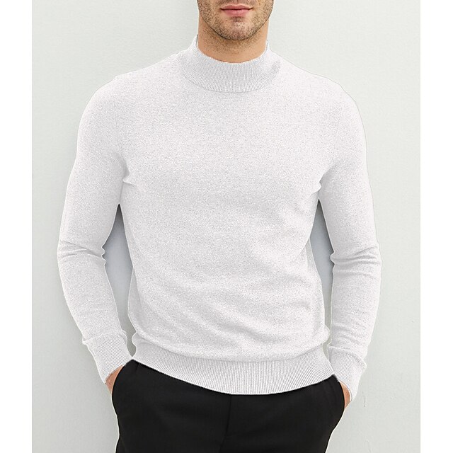 Men's Sweater Pullover Sweater Jumper Ribbed Knit Knitted Plain Mock Neck Stylish Casual Daily Wear Vacation Clothing Apparel Spring & Fall Black White S M L 7