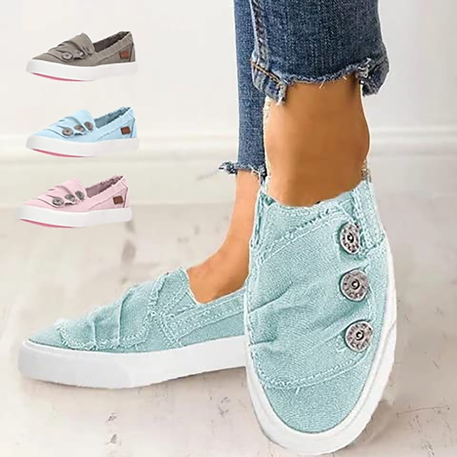  Women's Sneakers Canvas Shoes Plus Size Slip-on Sneakers Comfort Shoes Daily Walking Solid Color Summer Flat Heel Round Toe Vintage Casual Comfort Canvas Loafer Pink Blue Grey