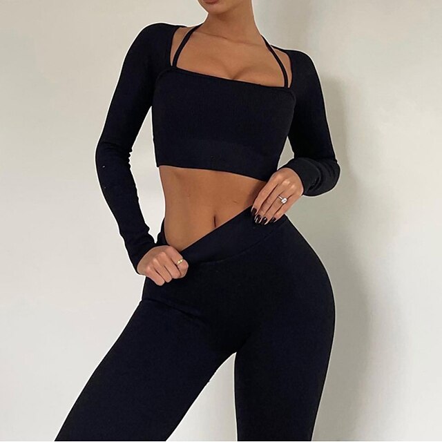 Women's Workout Sets 2 Piece Cropped Solid Color Clothing Suit Black