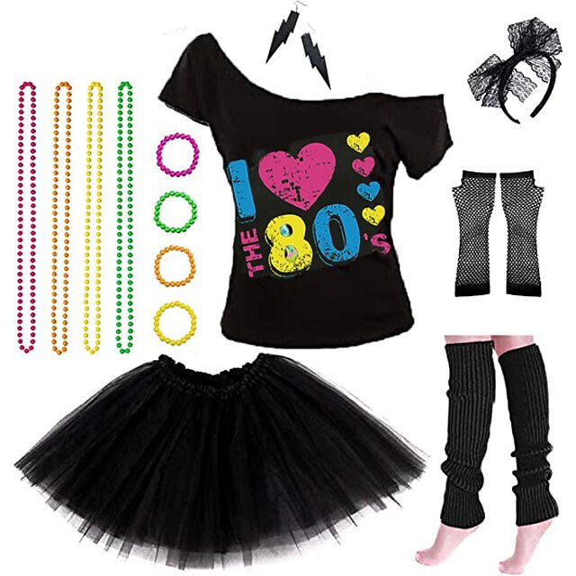 Disco 1980s Outfits T-shirt Women's Costume Headbands Beaded Necklace ...