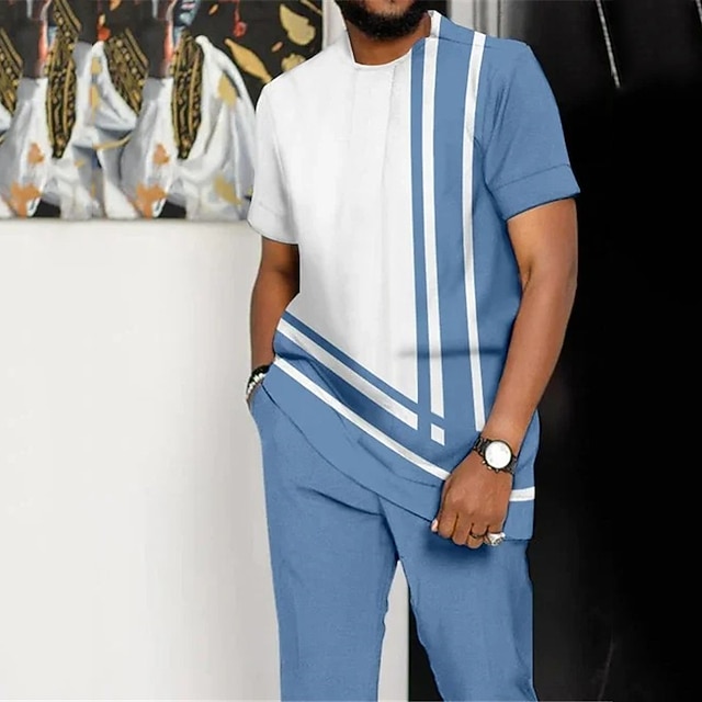 Mens T Shirt and Shorts Set Color Block Casual Outfit