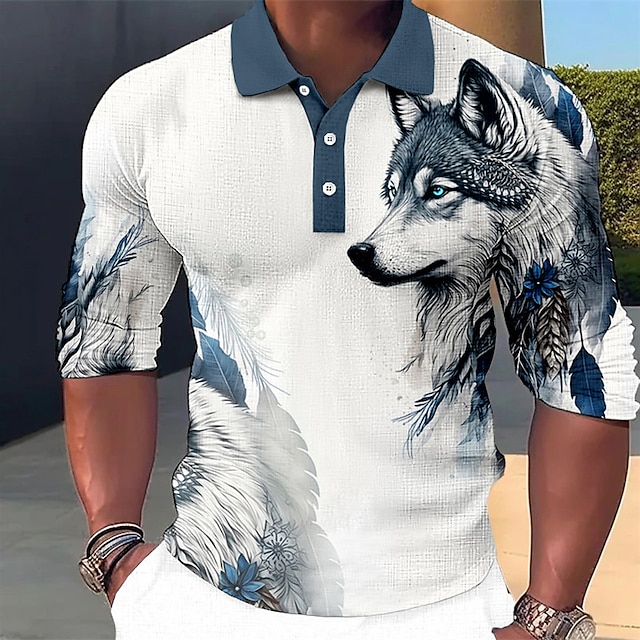  Voor heren POLO Shirt Golfshirt dier Wolf Grafische prints Strijkijzer Blauw-Groen Rood blauw Paars Bruin Buiten Straat Lange mouw Afdrukken Kleding Modieus Streetwear Ontwerper Zacht