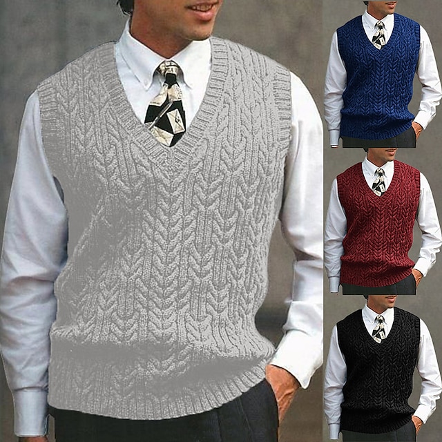  Men's Sweater Sweater Vest Pullover Cable Knit Knitted Solid Color V Neck Stylish Vintage Style Formal Outdoor Clothing Apparel Winter Fall Black Wine S M L