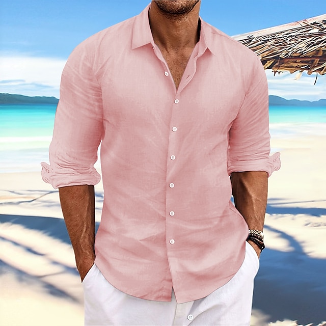  Hombre camisa de lino Abotonar la camisa Camisa casual Camisa de verano Camisa de playa Amarillo Claro Blanco Rosa Manga Larga Plano Primavera verano Casual Diario Ropa