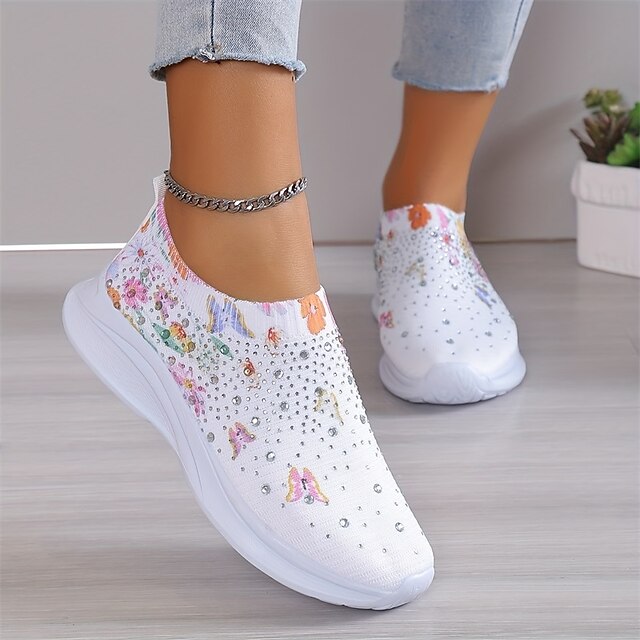 Women's White Slip-On Sneakers with Floral Print and Rhinestones for Casual Wear 12