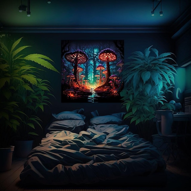  Trippy Magic Mushroom Schwarzlicht-Wandteppich, UV-reaktiver nebliger Pilz, psychedelischer hängender Wandteppich, Wandkunst-Wandbild für Wohnzimmer und Schlafzimmer