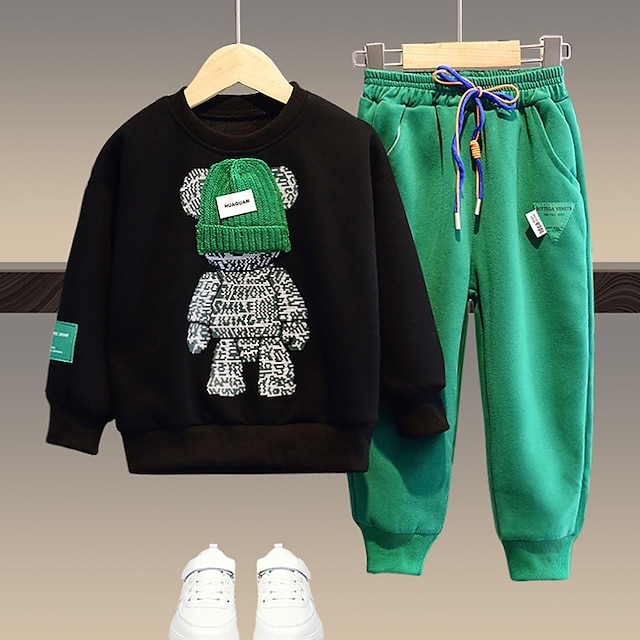  2 Stück kinderkleidung Jungen Set aus Kapuzenpullover und Jogginghose Kleidungsset Outfit Bär Buchstabe Langarm Tasche Set Outdoor Modisch Cool Täglich Frühling Herbst 7-13 Jahre Schwarz Wei