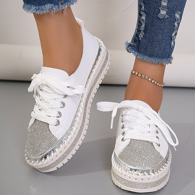 Women's Sneakers Flats Bling Bling Shoes Plus Size Platform Sneakers Party Outdoor Daily Solid Color Summer Rhinestone Flat Heel Round Toe Fashion Casual Minimalism PU Lace-up White Silver 16