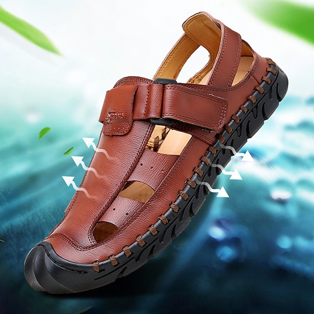  Men's Sandals Flat Sandals Leather Sandals Comfort Sandals Casual Beach Outdoor Daily Leather Breathable Comfortable Slip Resistant Magic Tape Black Yellow Brown Summer Spring