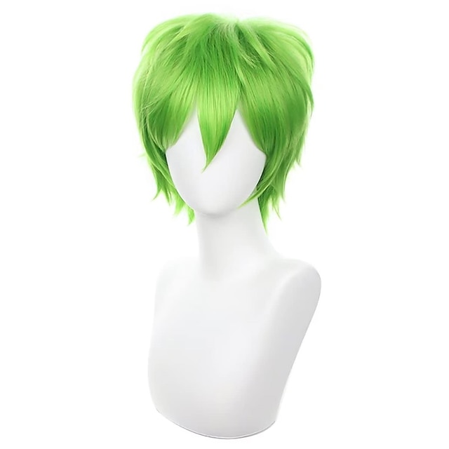  vihreä cosplay-peruukki lyhyt pörröinen pörröinen lämmönkestävä kerros synteettiset hiukset miesten naisten halloween-juhlaperuukki