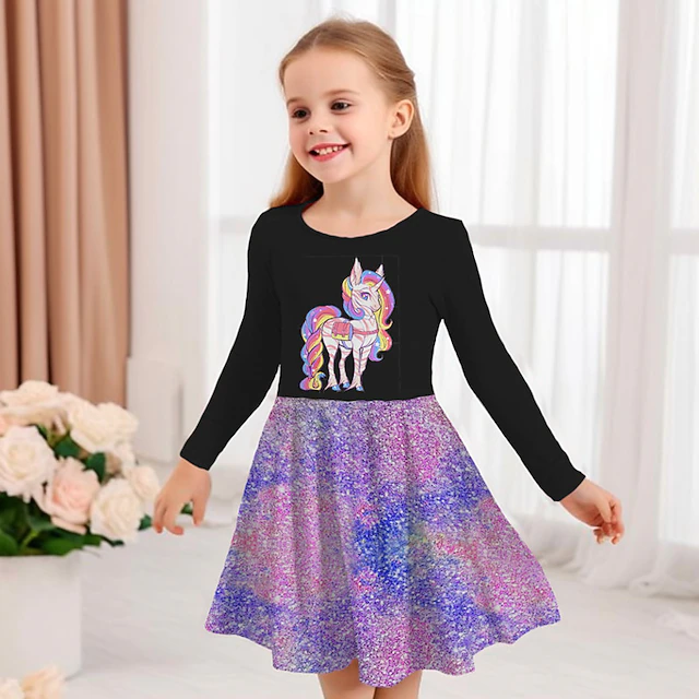 Girls' 3D Graphic Unicorn Dress Long Sleeve 3D Print Summer Spring Fall Vacation Sports & Outdoor Daily Cute Casual Beautiful Kids 3-12 Years Casual Dress A Line Dress Above Knee Regular Fit 8