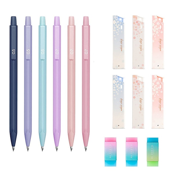  mekaaninen kynäsarja, 6kpl pastellimekaanisia kyniä 0,5mm & 0,7 mm, 216 kpl hb-kynäkynät ja 3 kpl pyyhekumia, esteettiset mekaaniset lyijykynät kirjoittaville tytöille