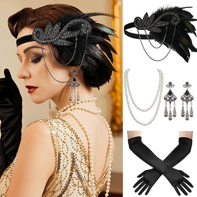  1920s Flapper Headband Feather Accessories Set for Women 4 PCS Roaring 20s Great Gatsby Faux Pearl Necklace Gloves Earrings Masquerade Halloween Carnival