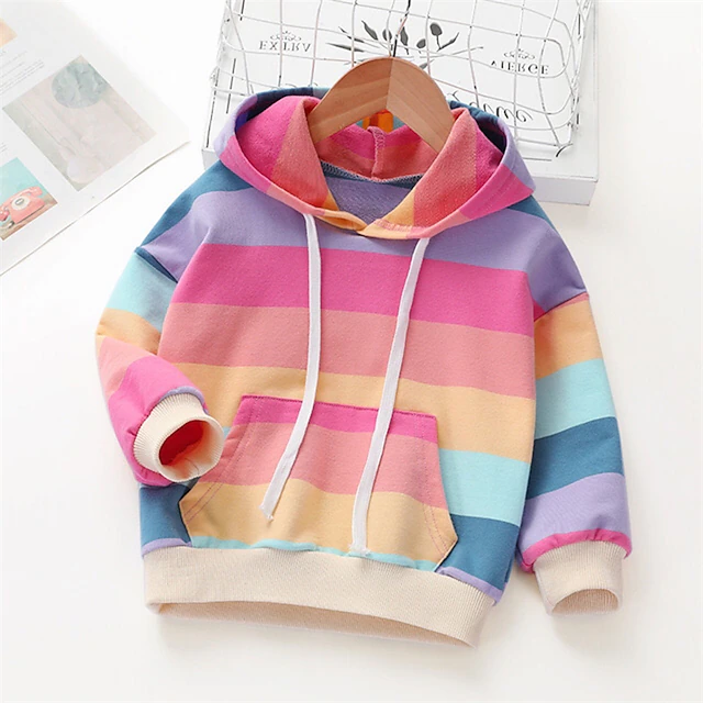 Kids Girls' Hoodie Rainbow Stripe Long Sleeve Pocket Spring Fall Cute Streetwear Daily Cotton Outdoor Casual Regular Fit 15