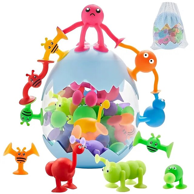  brinquedos de sucção para brinquedos de banho de bebê para crianças de 4 a 8 anos 28 peças brinquedos sensoriais de liberação de estresse de silicone ventosa animal com armazenamento de casca de ovo