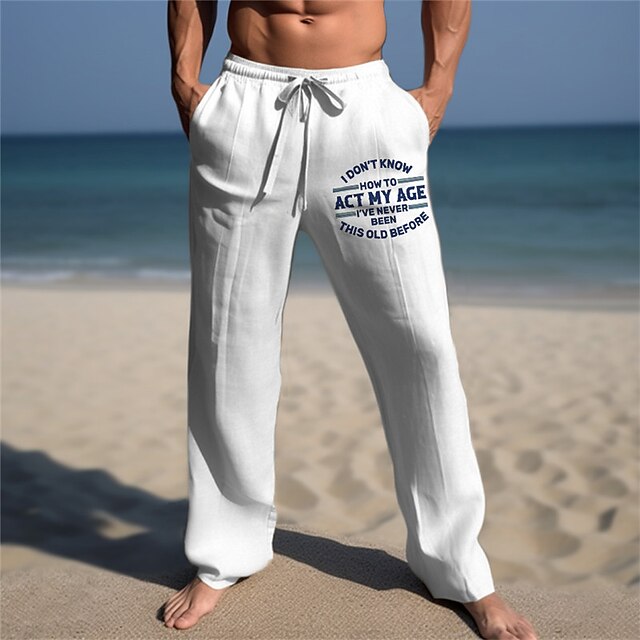 Men's Letter Graphic Prints Trousers Summer Pants Beach Pants Mid Waist Streetwear Hawaiian Designer Casual Daily Holiday Drawstring Elastic Waist 3D Print Spring & Summer 3D Print White Khaki3