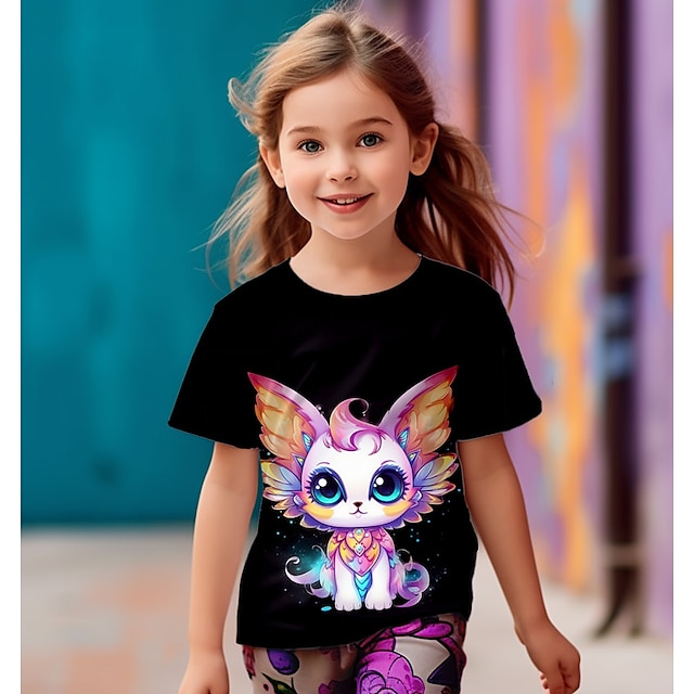  女の子 3D グラフィック カートゥン 猫 Tシャツ Ｔシャツ 半袖 3Dプリント 夏 春 活発的 ファッション かわいいスタイル ポリエステル 子供 3〜12年 アウトドア カジュアル 日常 レギュラー