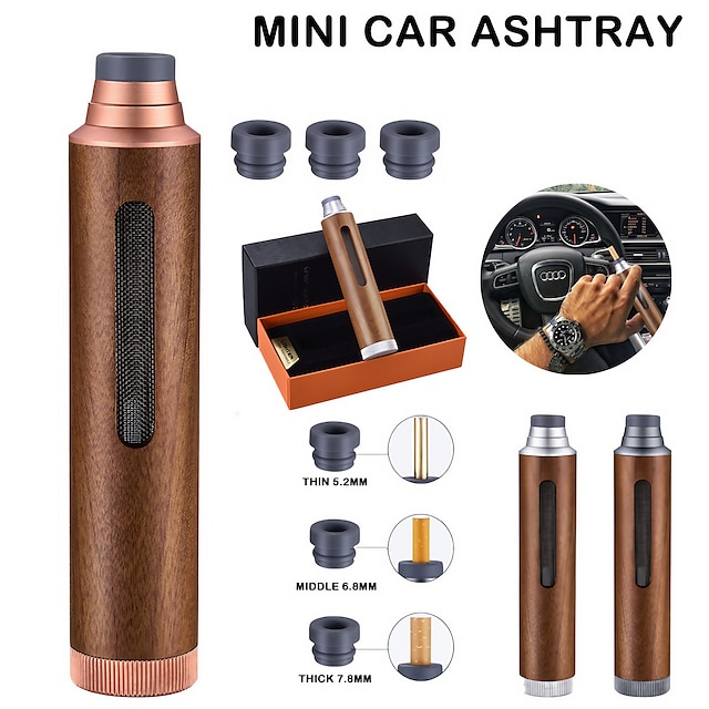  Mini Car Ashtray Walnut Wood Cigarette Holder Case Car Ashtray Anti-smoke Hood for 5.2/6.8/7.8mm Cigarettes Smoking Gadgets