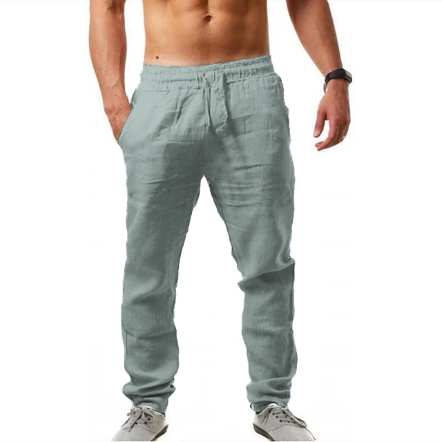 Men's Linen Pants Trousers Summer Pants Beach Pants Drawstring Plain ...