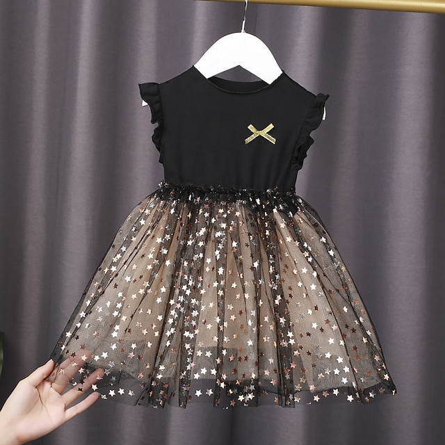  Kids Girls' Dress Star Sleeveless Outdoor Casual Sequins Mesh Fashion Cute Daily Cotton Mini Casual Dress Swing Dress Tulle Dress Summer Spring 2-8 Years Black