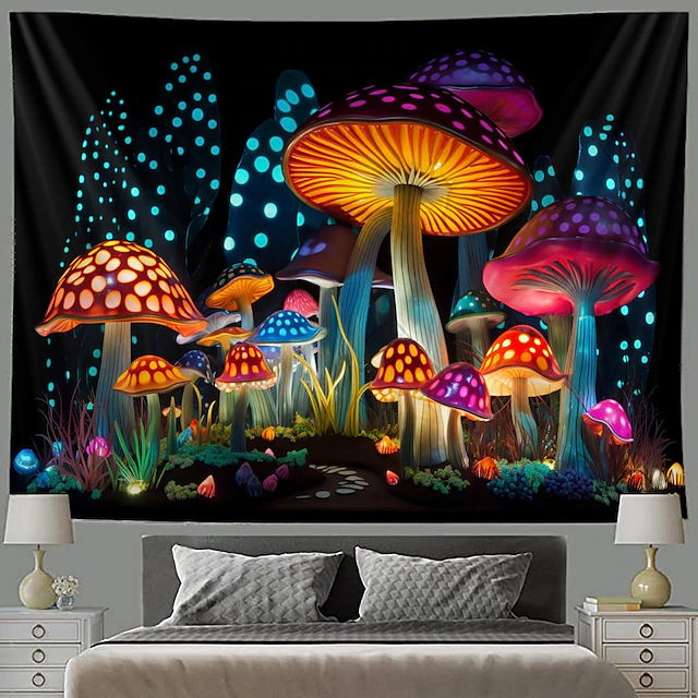 Mushroom Fantasy Blacklight Tapestry UV Reactive Glow in the Dark ...