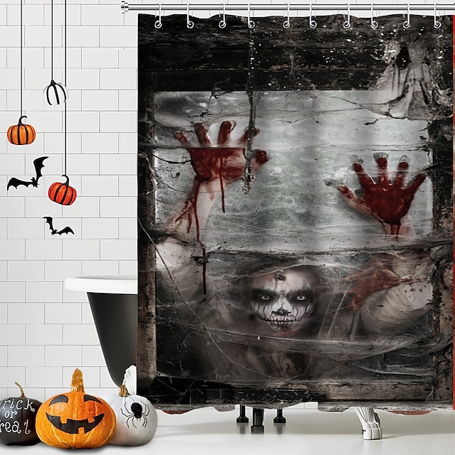  Cortina de chuveiro horror halloween com ganchos decoração do banheiro tecido à prova d' água cortina de chuveiro conjunto com 12 pacote de ganchos de plástico esqueleto abóbora bruxa