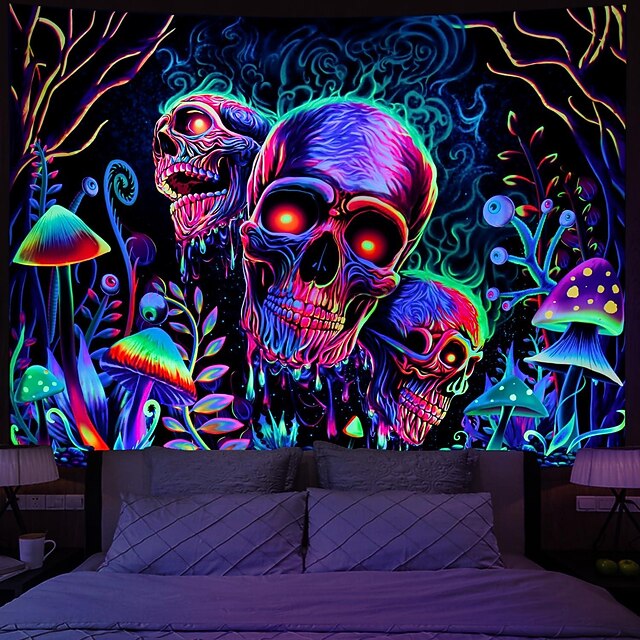 Halloween Skull Skeleton Blacklight Tapestry UV Reactive Trippy Misty Mushroom Hanging Tapestry Wall Art Mural for Living Room Bedroom Decorations 14