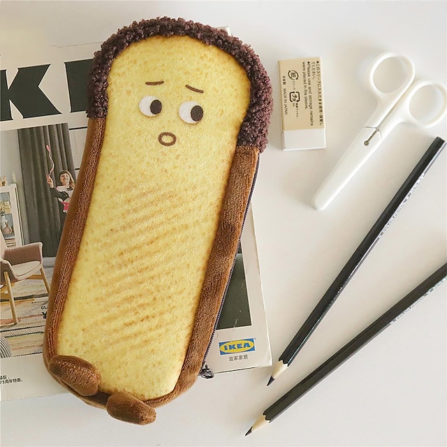  bolsa de lápis de torrada de pão para meninas bolsa de caneta de pelúcia fofa caixa de grande capacidade material escolar para estudantes