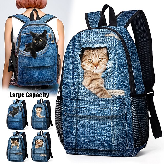 3D Cat Print Denim Backpack for Kids – Cute Animal School Bag with Large Capacity and Fun Design for Boys and Girls 18