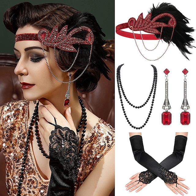 1920s Flapper Headband Feather Accessories Set For Women 4 PCS Roaring   Gbotsf1688960462118 