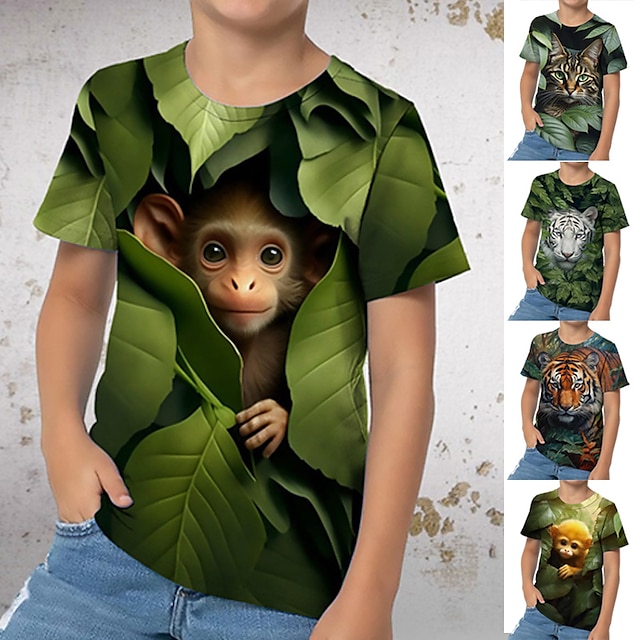  Pojkar 3D Grafisk Djur Tecknat T-shirt Kortärmad 3D-tryck Sommar Vår Aktiv Sport Mode Polyester Barn 3-12 år Utomhus Ledigt Dagligen Normal