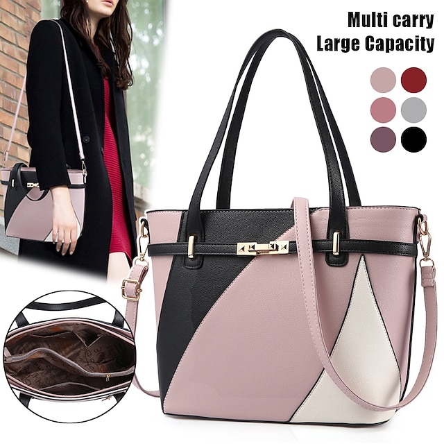  Women's Handbag Shoulder Bag Dome Bag PU Leather Daily Holiday Zipper Large Capacity Waterproof Durable Color Block Patchwork Light Pink claret Rubber red