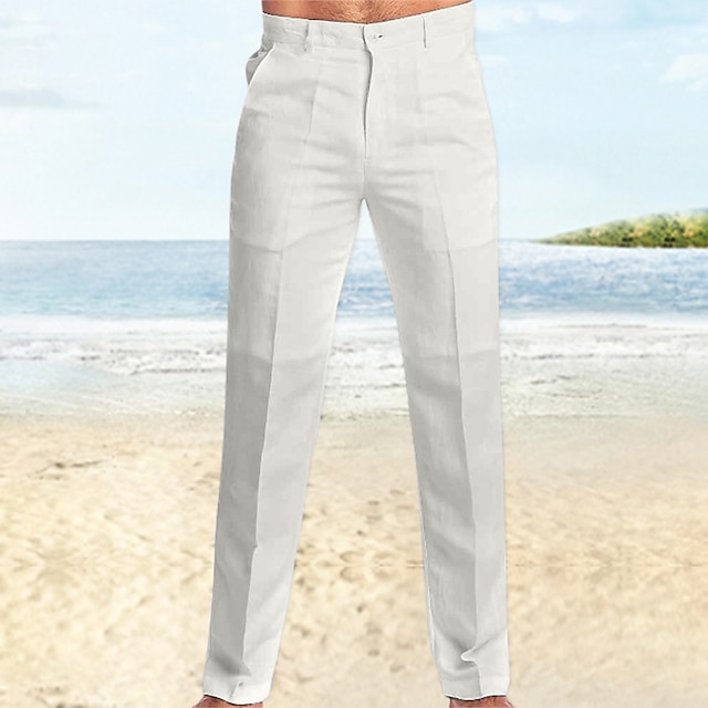  Men's Linen Pants Trousers Summer Pants Beach Pants Straight Leg Plain Comfort Outdoor Casual Daily Linen / Cotton Blend Streetwear Stylish Black White