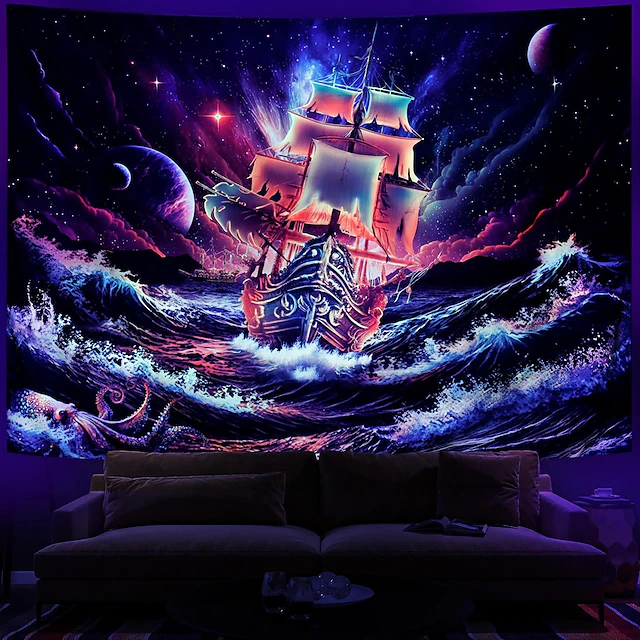 Blacklight Tapestry UV Reactive Glow in the Dark Glow Party Neon Psychedelic Trippy Misty Hanging Tapestry Wall Art Mural for Living Room Bedroom Ocean Wave 14
