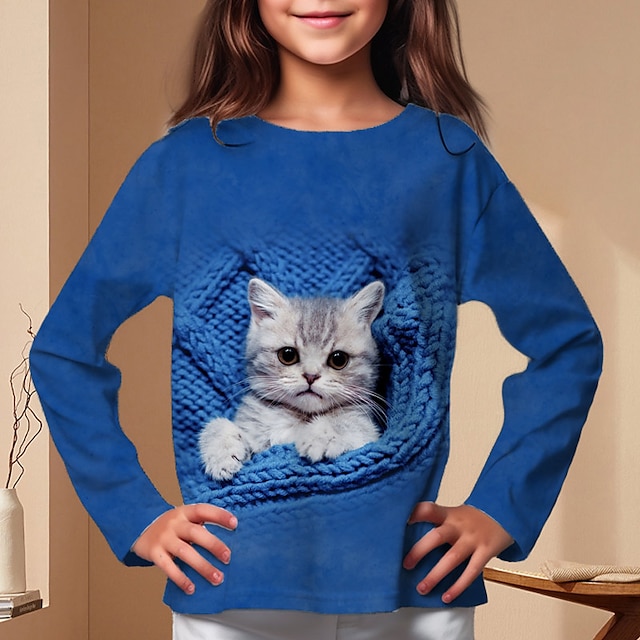  Voor meisjes 3D Grafisch dier Kat T-shirt Lange mouw 3D-afdrukken Zomer Lente Herfst Actief Modieus leuke Style Polyester Kinderen 3-12 jaar Buiten Casual Dagelijks Normale pasvorm