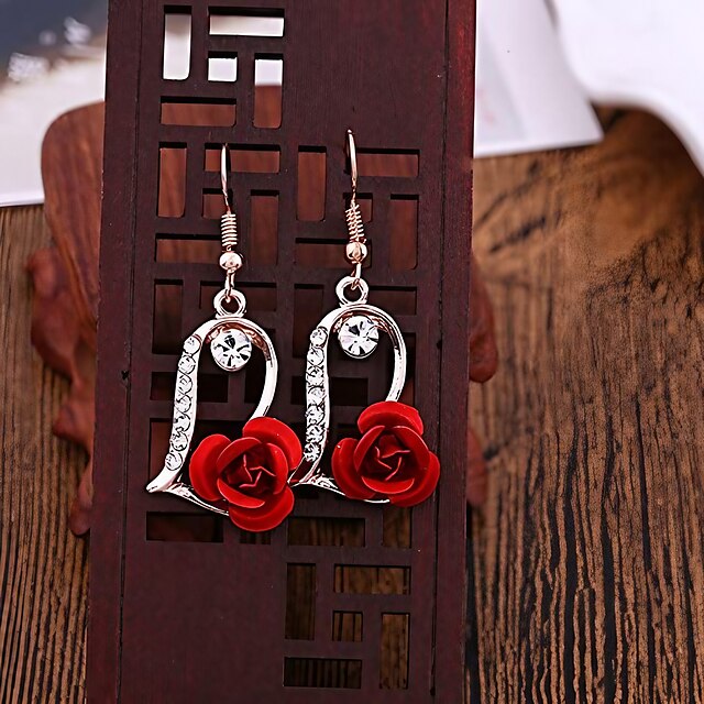  sweet romantic ethnic red rose drop earrings rhinestone earrings vintage for women rose gold spiral dangle earring (red rose tassel drop earrings-heart shape)