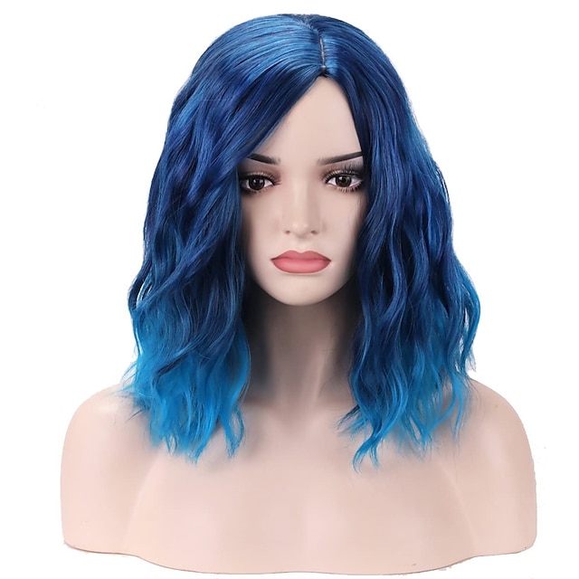  Blue Wig Short Curly Wig Mix Blue Bob Wig Charming Women Girls Beach Wave Wigs Blue Wigs for Cosplay Costume Party