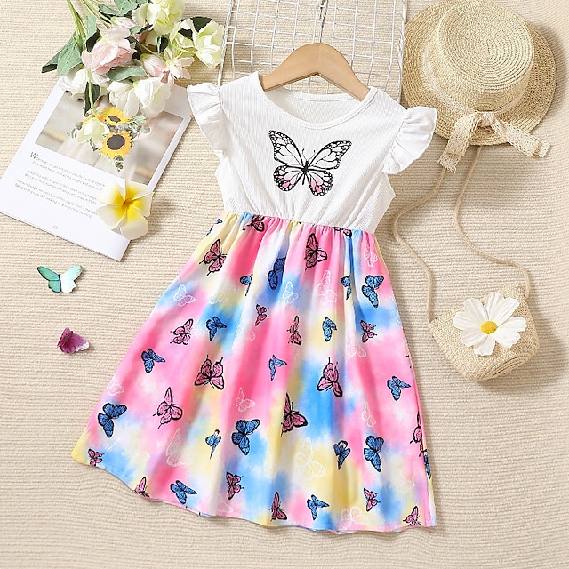  Kids Girls' Dress Butterfly Gradient Short Sleeve Outdoor Casual Ruffle Vacation Fashion Daily Polyester Midi Casual Dress A Line Dress Summer Dress Summer Spring 2-8 Years White