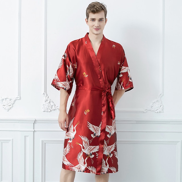  Voor heren Pyjama Gewaad Zijden jurk Zijden Kimono 1 stuks dier Modieus Zacht Huis Bed Spa Faux Zijde Polyester V-Wire Lange mantel Standaard Zomer Zwart Rood