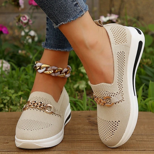  Women's Sneakers Slip-Ons Plus Size Height Increasing Shoes Flyknit Shoes Daily Walking Solid Color Summer Rhinestone Buckle Flat Heel Wedge Heel Round Toe Casual Comfort Minimalism Tissage Volant