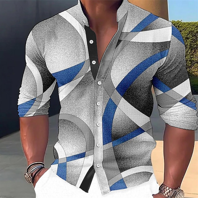 Men's Shirt Linen Shirt GraphicGeometry Stand Collar Blue-Green Wine ...