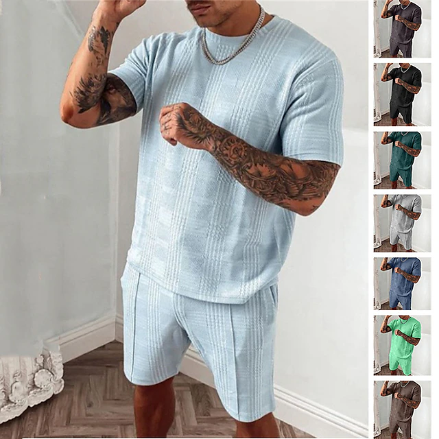 Men's T-shirt Suits Tracksuit Tennis Shirt Shorts and T Shirt Set Short Sleeves Crew Neck Summer Plaid Gymnatics Casual 2 Piece Vacation Daily Wear Activewear Black Blue Dark Green Top Tee for Men 10