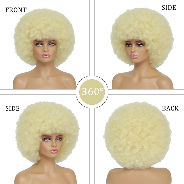  Afro-Perücke – 70er-Jahre-blonde Afro-Perücke für Frauen, weiche Afro-Perücken mit verworrenem lockigem Haar und Pony, natürlich aussehende 70er-Jahre-Disco, große Afro-Lockenperücke für Männer,
