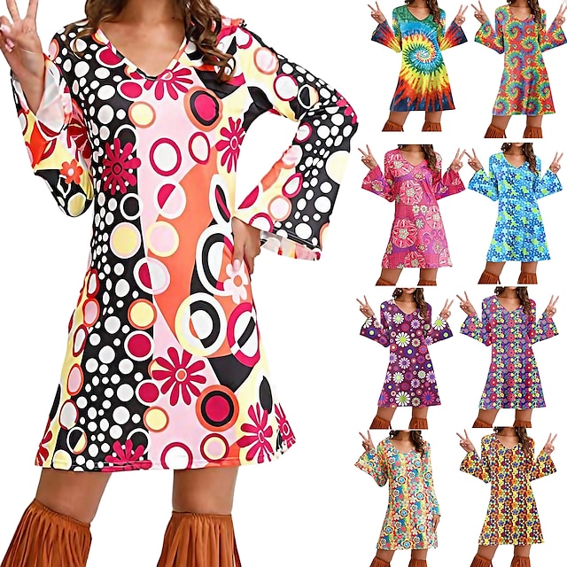  רטרו\וינטאג' שנות ה-70 דִיסקוֹ שמלות נשים שמלות מפוארות שנות ה-70 תלבושות שנות ה-70 היפי בגדי ריקוד נשים מדפיס נשף מסכות מסיבה\אירוע ערב שמלה