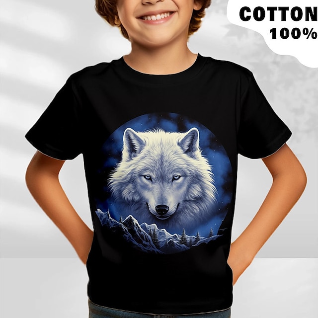  Boys 3D Animal Letter Wolf T shirt Tee Short Sleeve 3D Print Summer Spring Active Sports Fashion 100% Cotton Kids 3-12 Years Outdoor Casual Daily Regular Fit