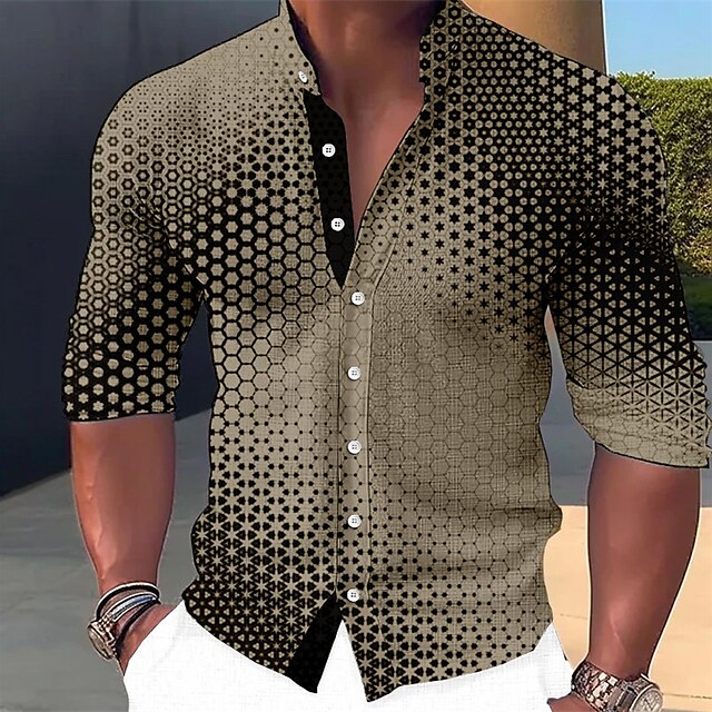 Men's Shirt Linen Shirt GraphicGeometry Stand Collar Black White Blue ...