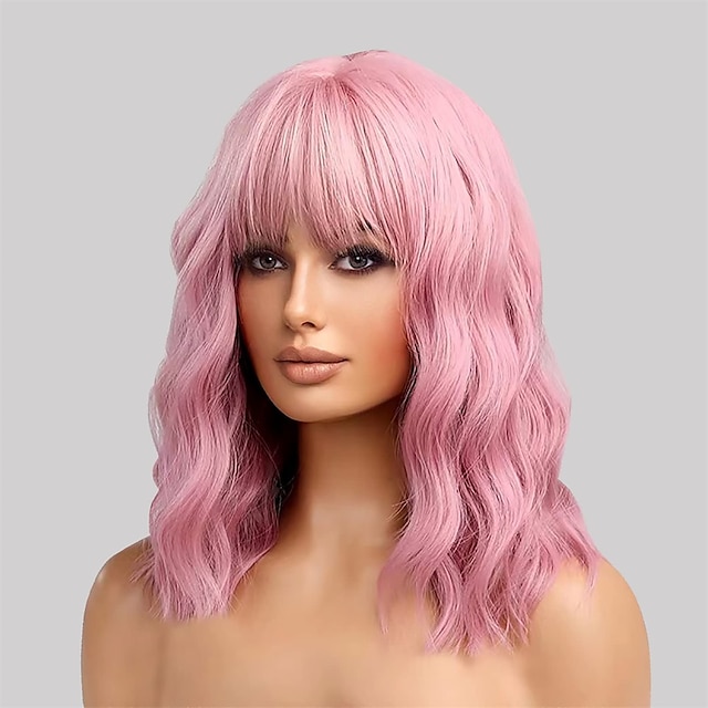  peruca rosa com franja de ar de 12 polegadas curta pastel encaracolado ondulada resistente ao calor peruca feminina bob cosplay festa na altura dos ombros para meninas uso diário peruca colorida