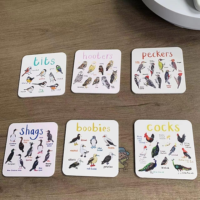  סט של 6 תחתיות משחק מילים לציפורים, תחתית לשולחן העבודה ציפור תחתית מרובעת סט תחתית שולחן יצירתי תחתית תה מונעת החלקה