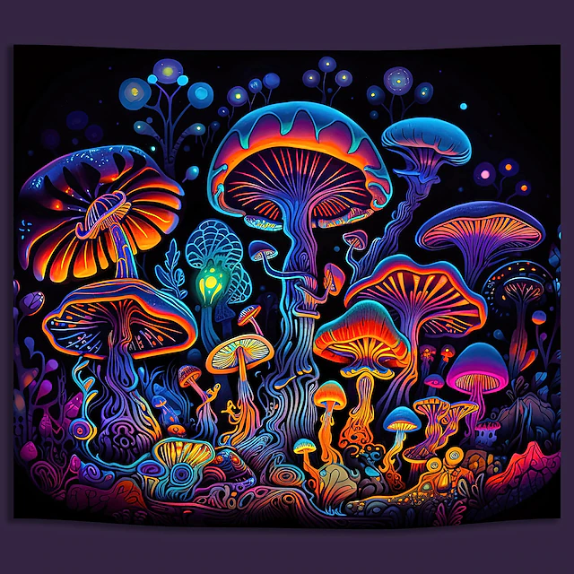 Blacklight Tapestry UV Reactive Glow in the Dark Glow Party Neon Mushrooms Psychedelic Trippy Misty Hanging Tapestry Wall Art Mural for Living Room Bedroom 17
